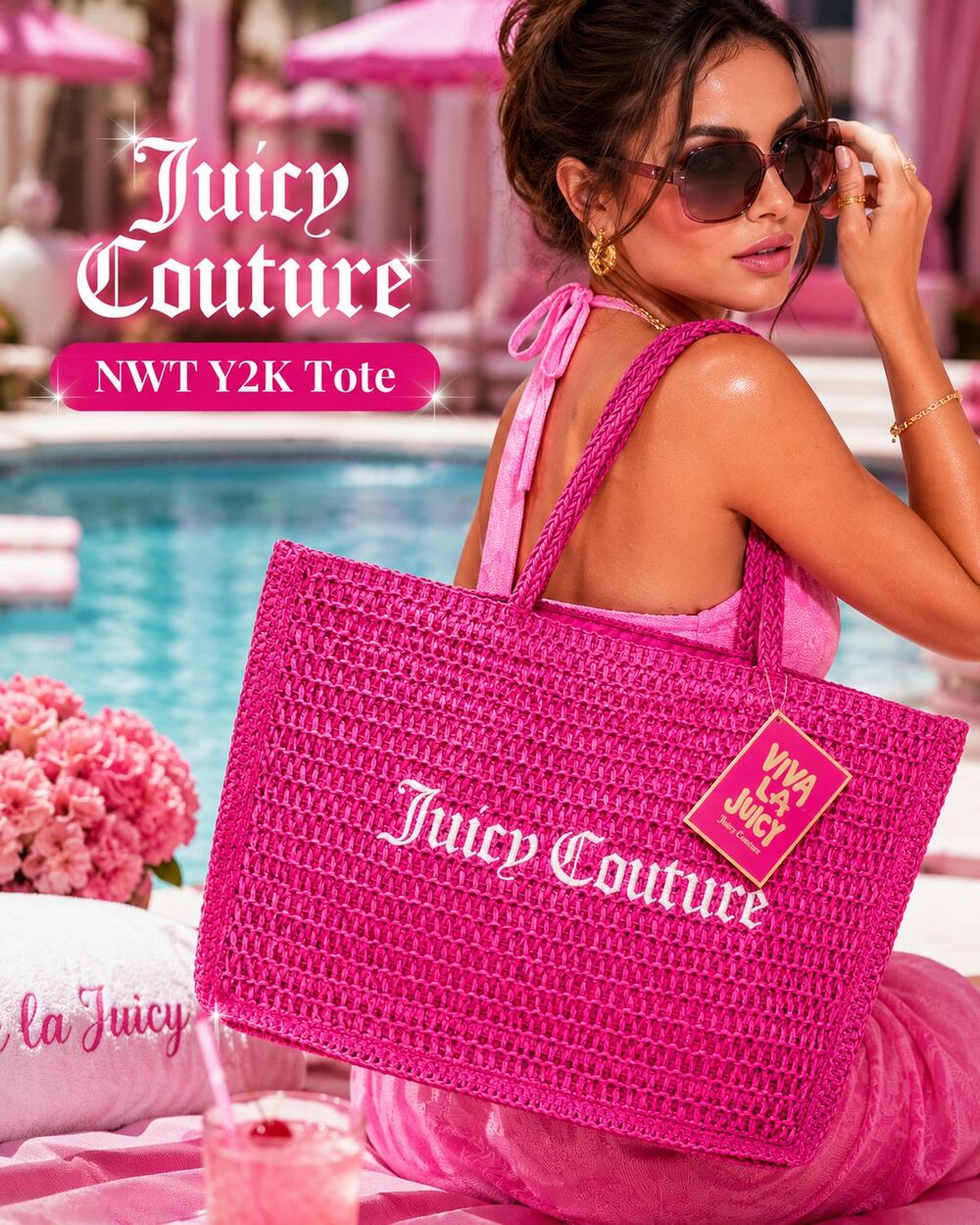 Juicy Couture Viva La Juicy Hot Pink Woven Straw Tote Bag NWT Y2K